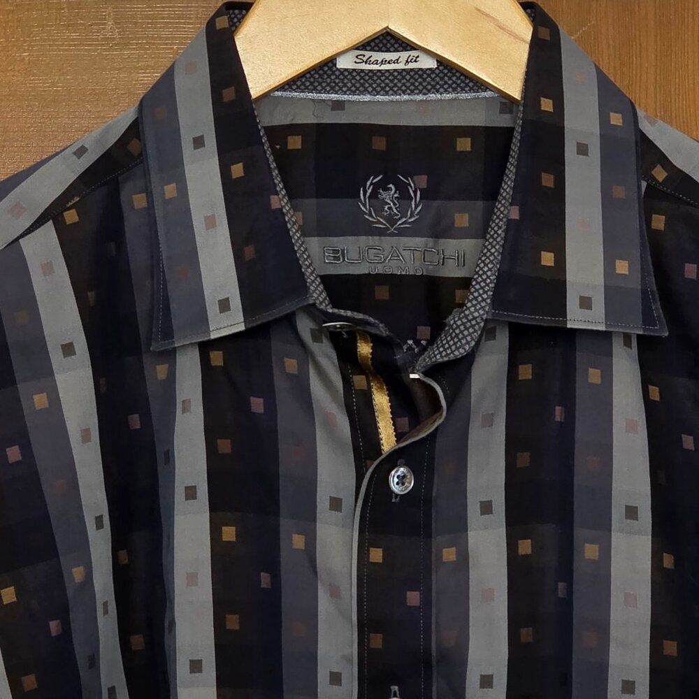 BUGATCHI UOMO Shaped Fit Gray & Gold Cotton L/S Sz Large